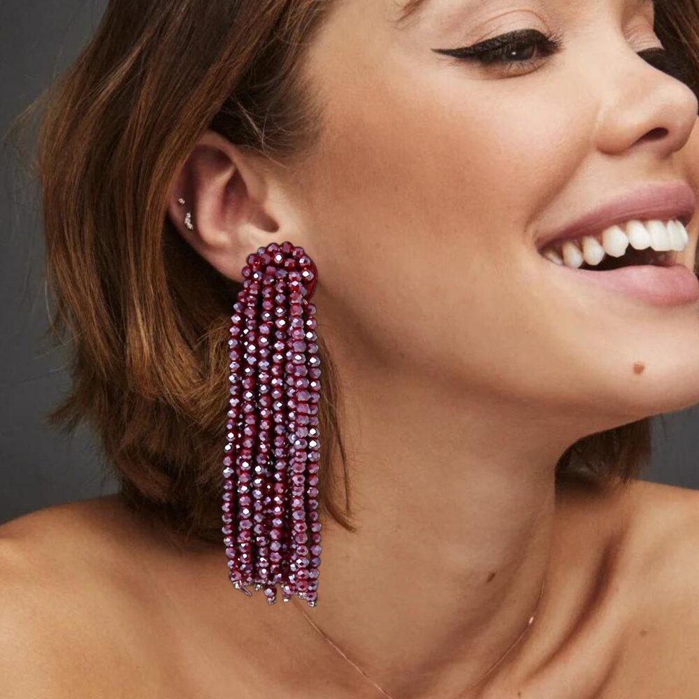 NEW Sparkling Glass Beaded Siam Purple Cascade Tassel Earrings Anthropologie - Picture 3 of 5